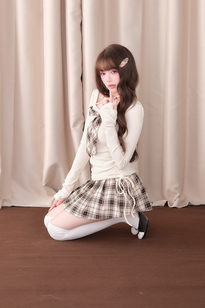 Check Ribbon Knit Top + Check Skirt