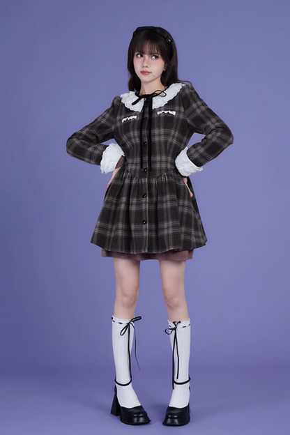 Lace Collar Wool Plaid Dress Coat