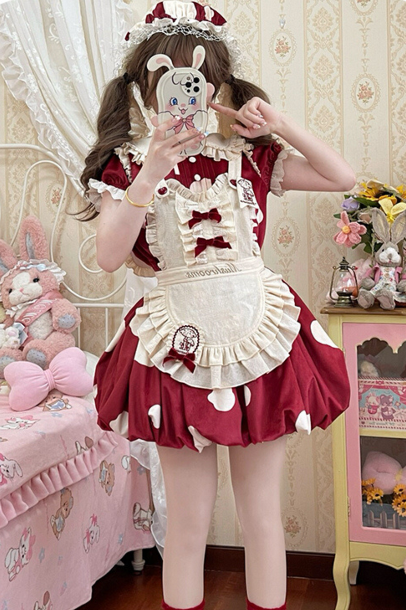 Mushroom Doll Dress + Ribbon Ruffle Apron + Ruffle Sleeves + Bunny Ear Hat