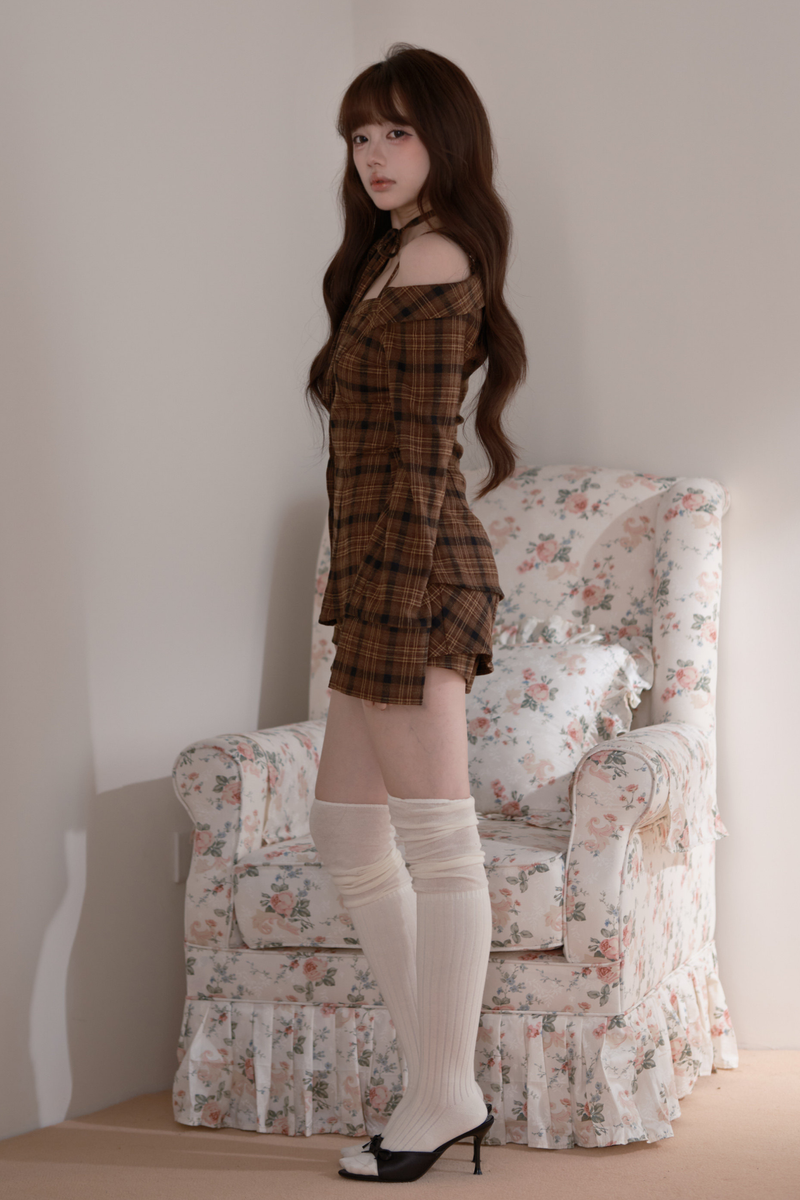 Checkered Off Shoulder Top + Shorts