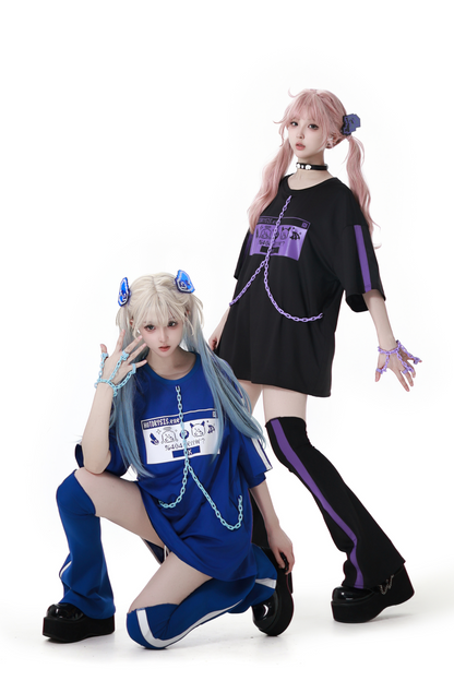 Subculture Loose Oversized T-shirt + Pants + Leg Warmers + Angel Devil Hairpins