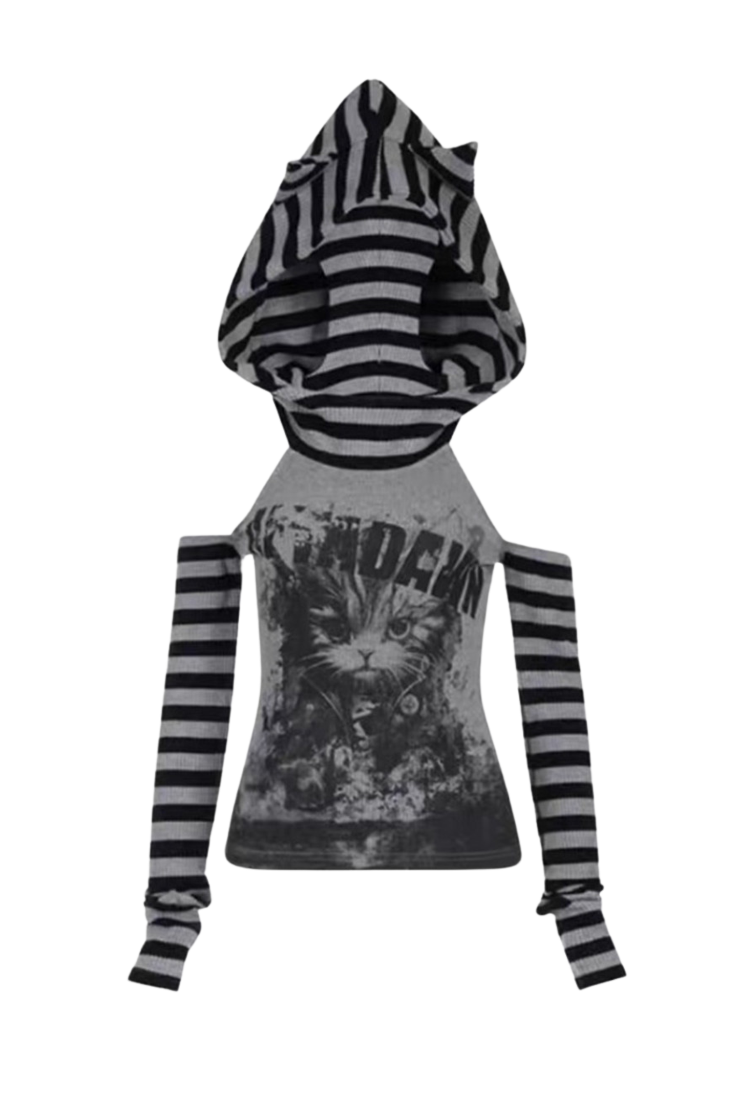 Striped Cat Patchwork Hooded Top