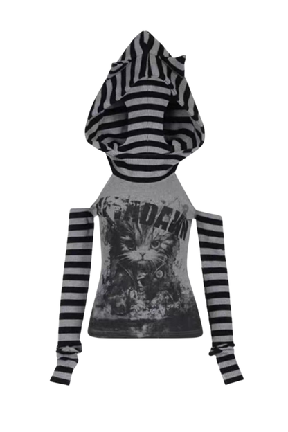 Striped Cat Patchwork Hooded Top
