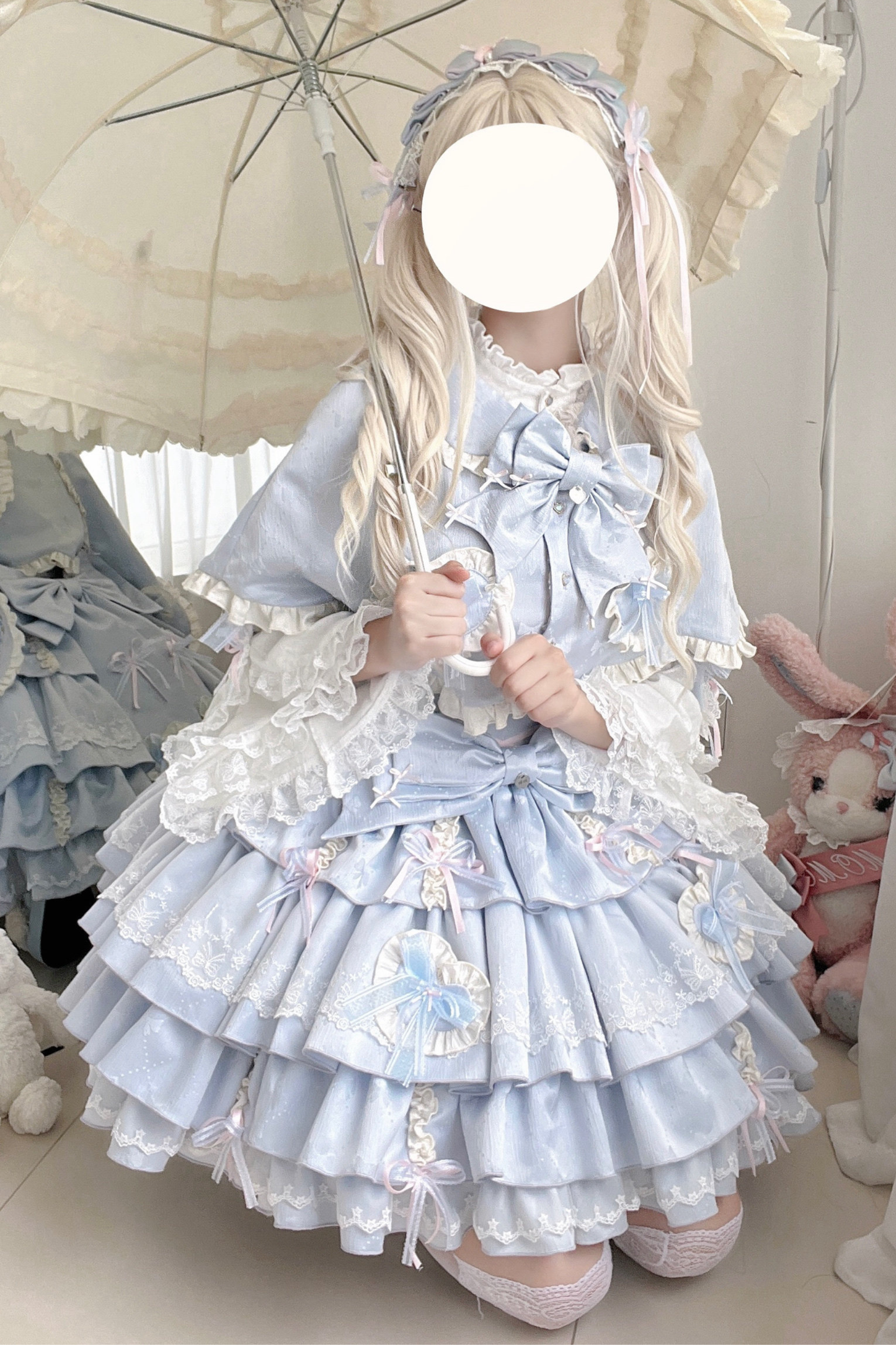 Layered Ruffle Sweet Princess Lolita Jumper Skirt + Tail + Headband + Cape + Bonnet