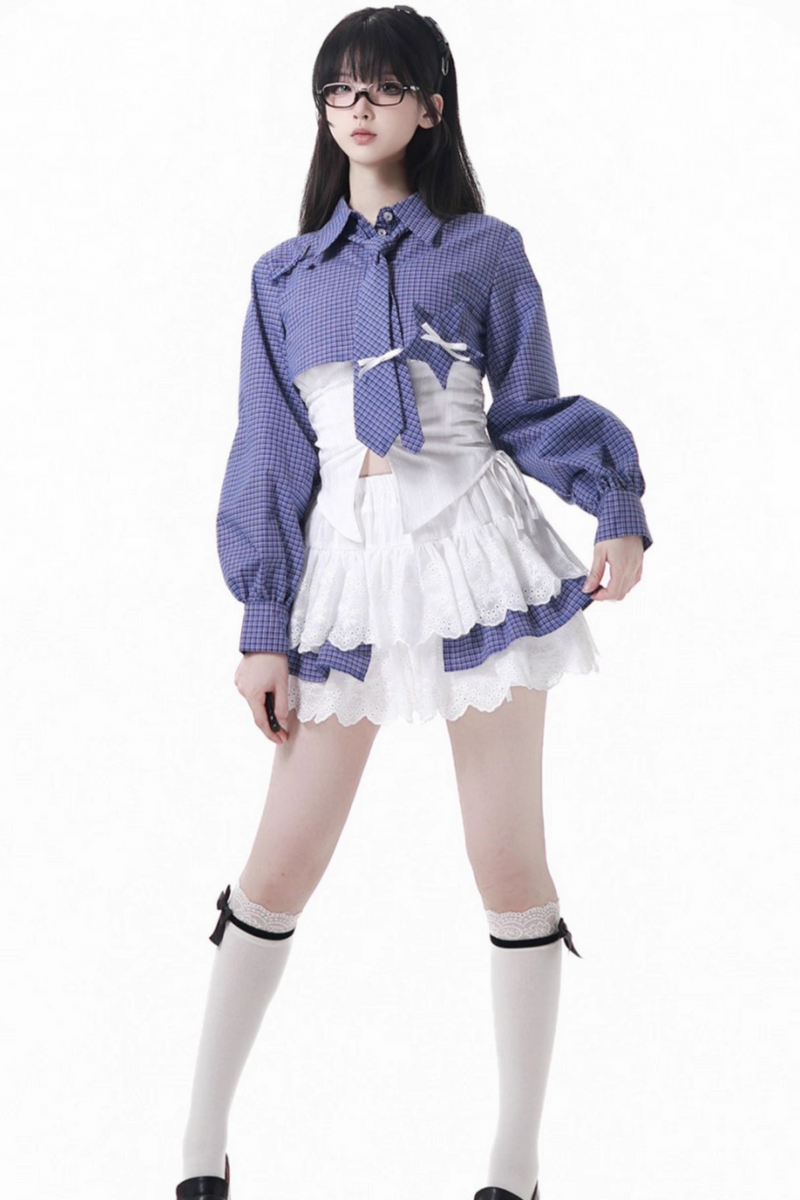Plaid Tie Blouse Ursus Camisole + Skirt + Short Top