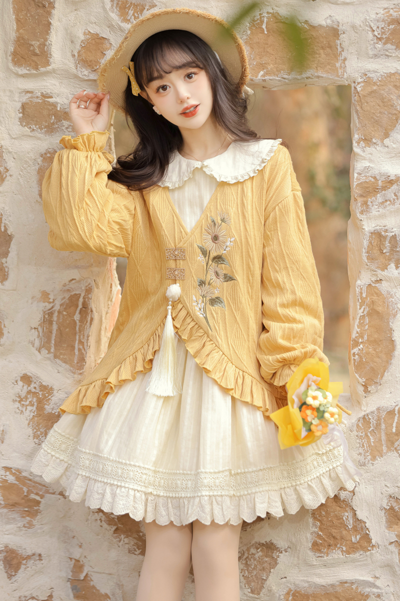 Retro Flower Chinese-style Cardigan + Flared Doll Collar Dress