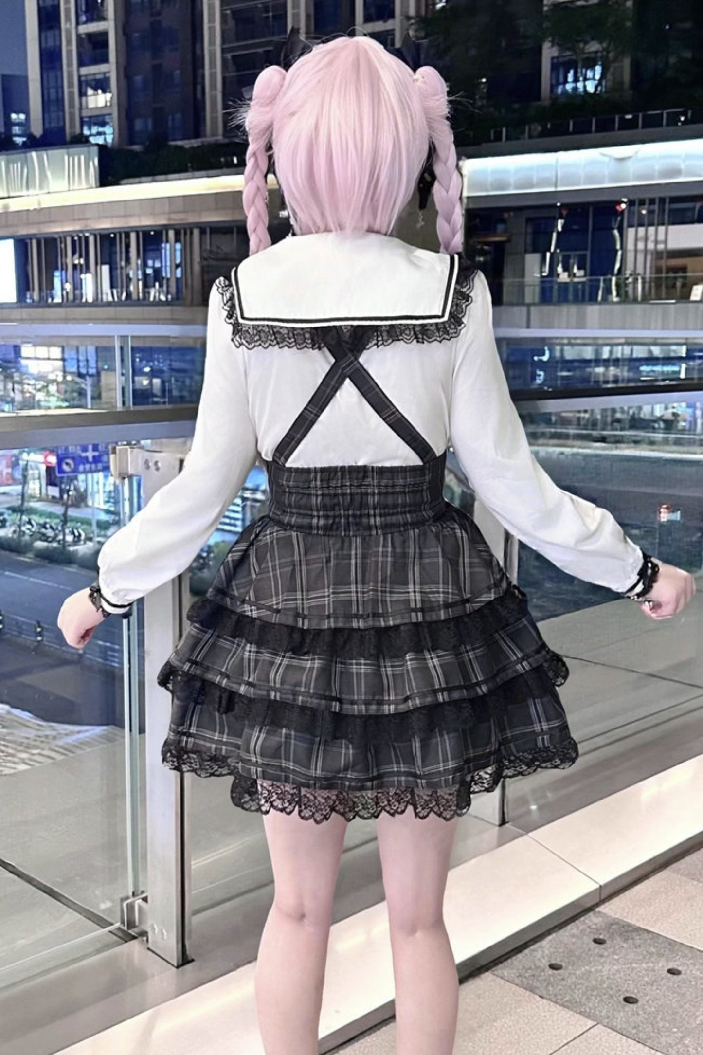 Plaid Flutter Sleeve Suspender Skirt + Top