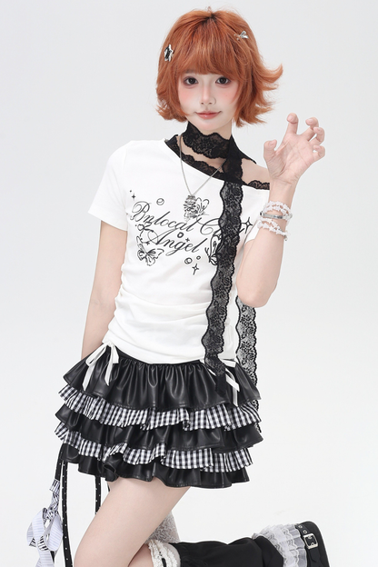 Lace Design One Shoulder Slim Top