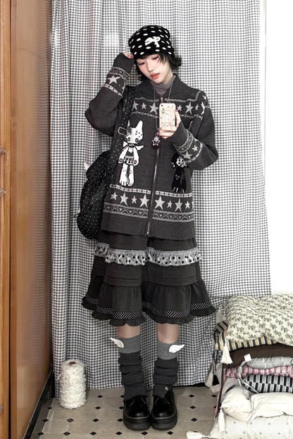 Y2k Jacquard Cardigan + Flared Skirt