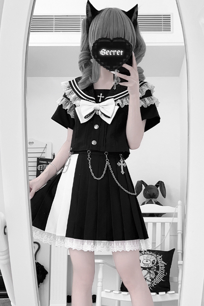 Dark Girl College Sailor Top + Skirt + Ribbon + Skirt Chain