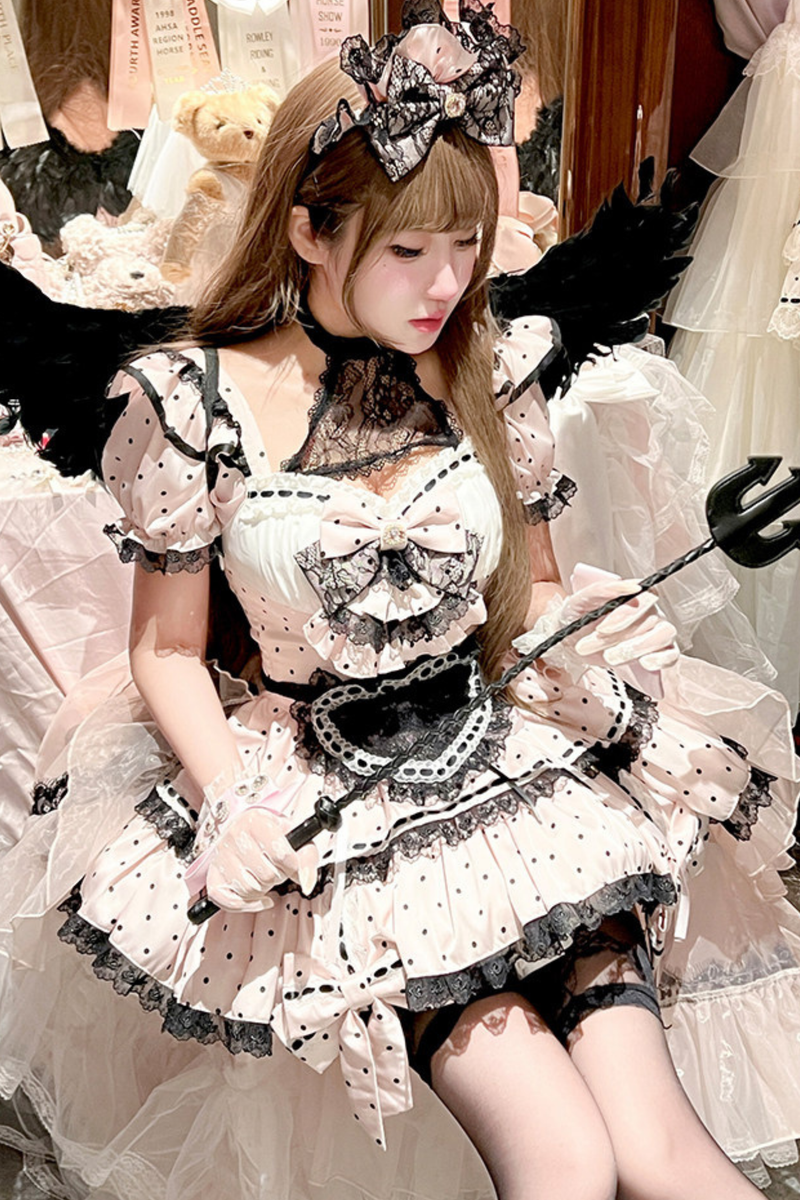 Sweet Little Dot Maid Lolita Dress + Apron + Head Accessory + Veil
