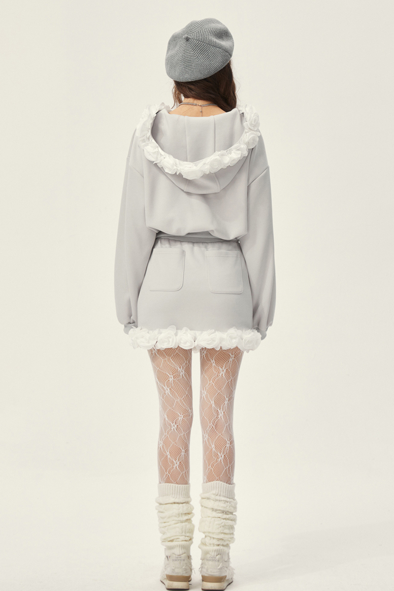 Gray Hooded Top + Ruffle Tight Skirt