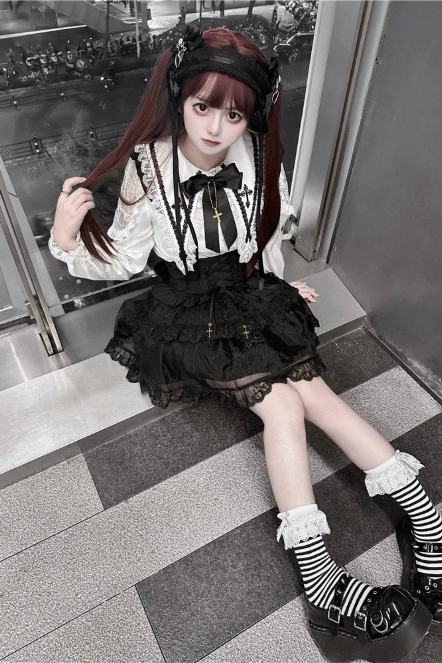 Holy Cross Flutter Sleeve Suspender Skirt + Shirt