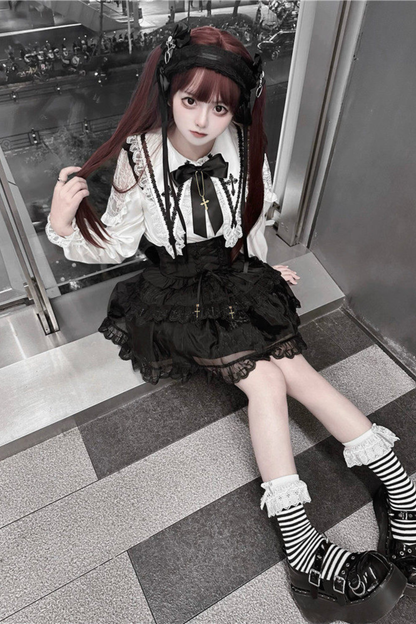 Holy Cross Flutter Sleeve Suspender Skirt + Shirt