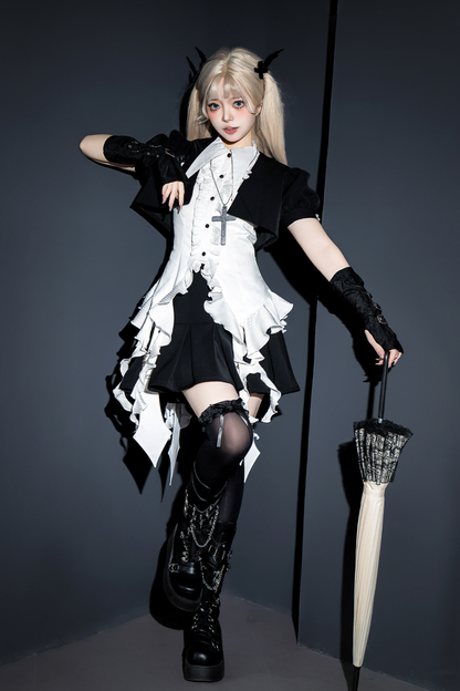 Puff Sleeve Short Jacket + Asymmetrical Shirt + Shorts