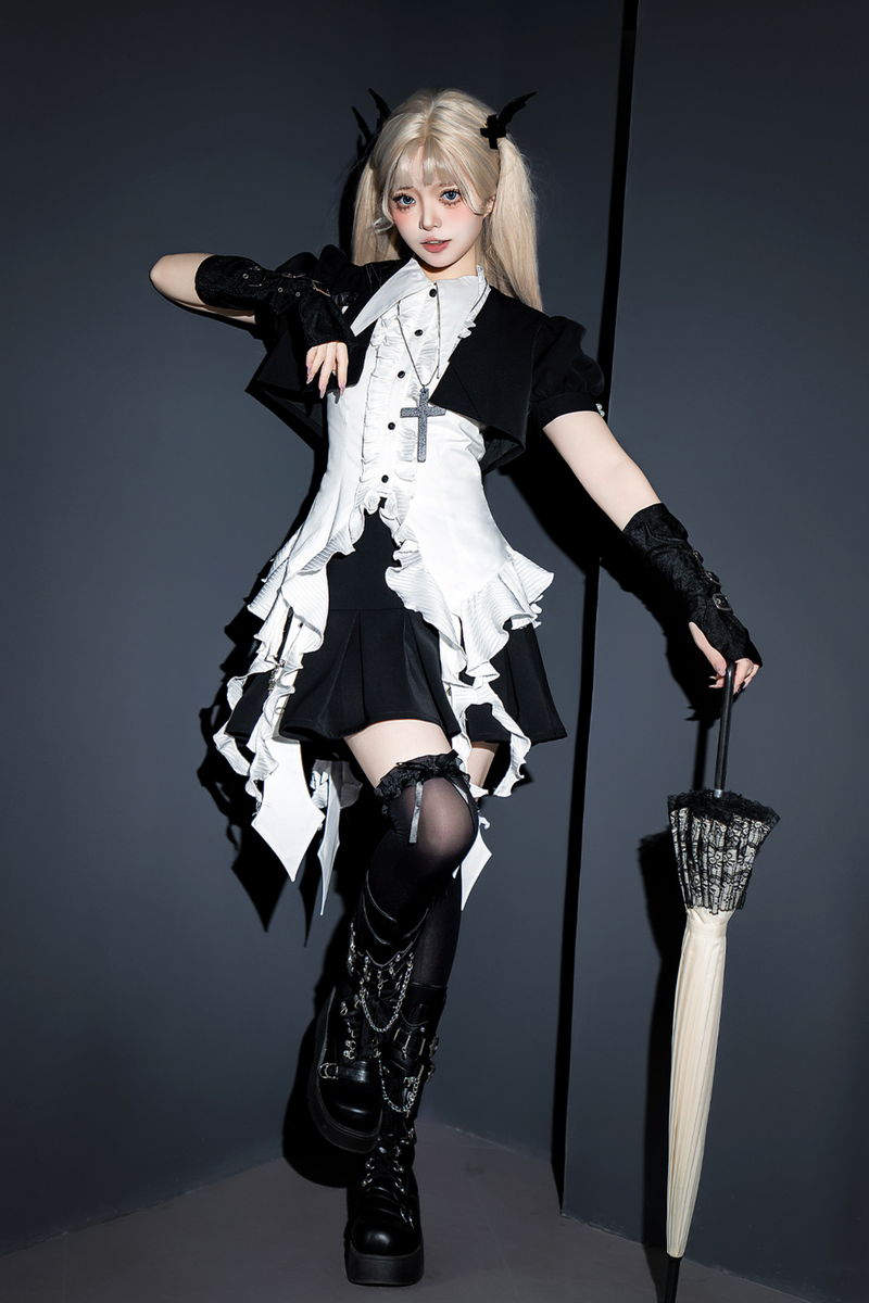 Puff Sleeve Short Jacket + Asymmetrical Shirt + Shorts