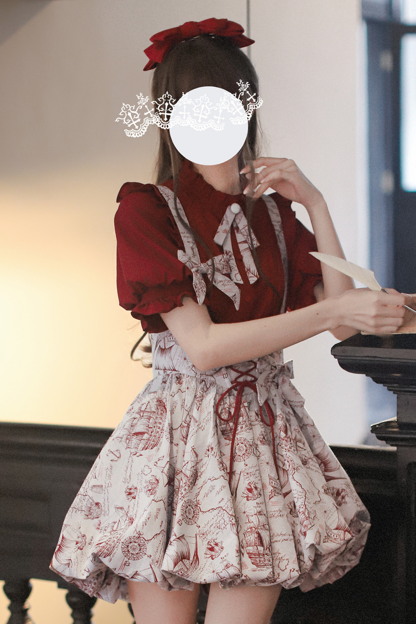 [pre-order] Wine Red Puff Sleeve Shirt + Balloon Jumper Skirt
