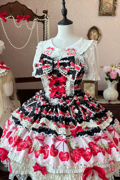 Strawberry Lolita Jumper Skirt + Rabbit Hair Scarf + Big Ribbon + Top + Hat + Bonnet