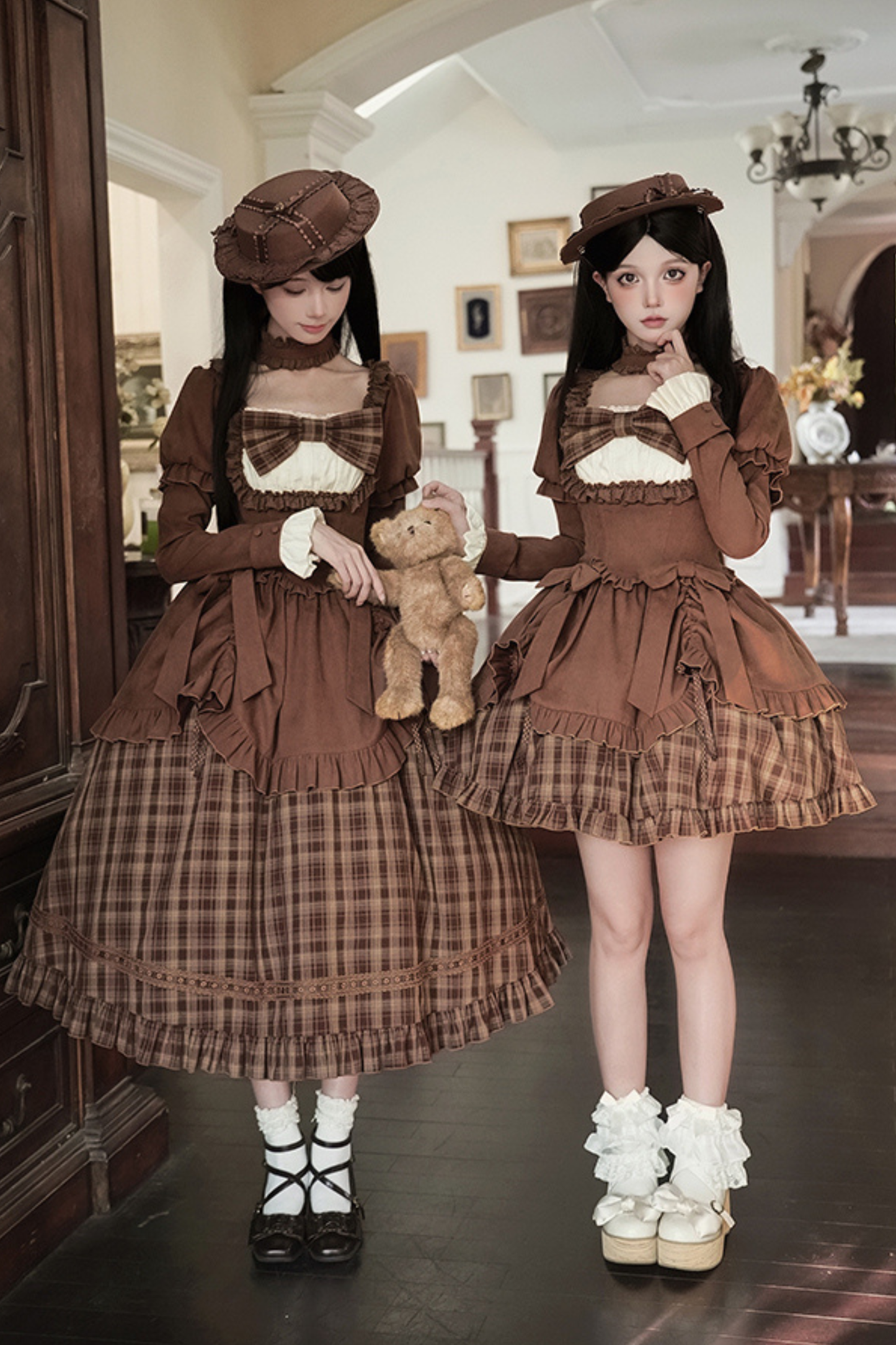 Sweet Checked Doll Dress + 2-way Ribbon + Bow + Hat