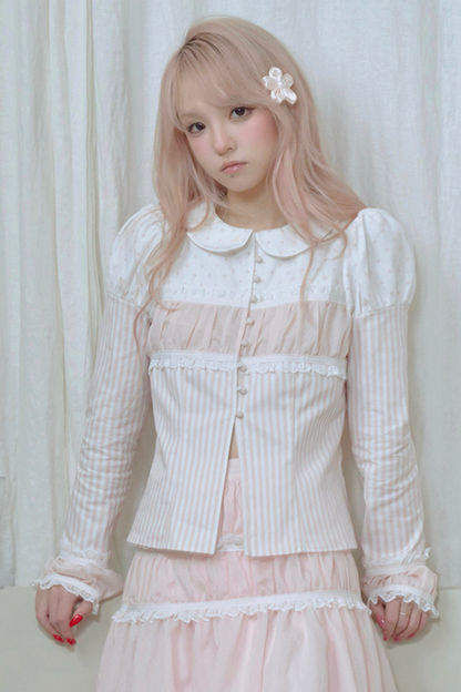 Striped Doll Collar Puff Sleeve Shirt