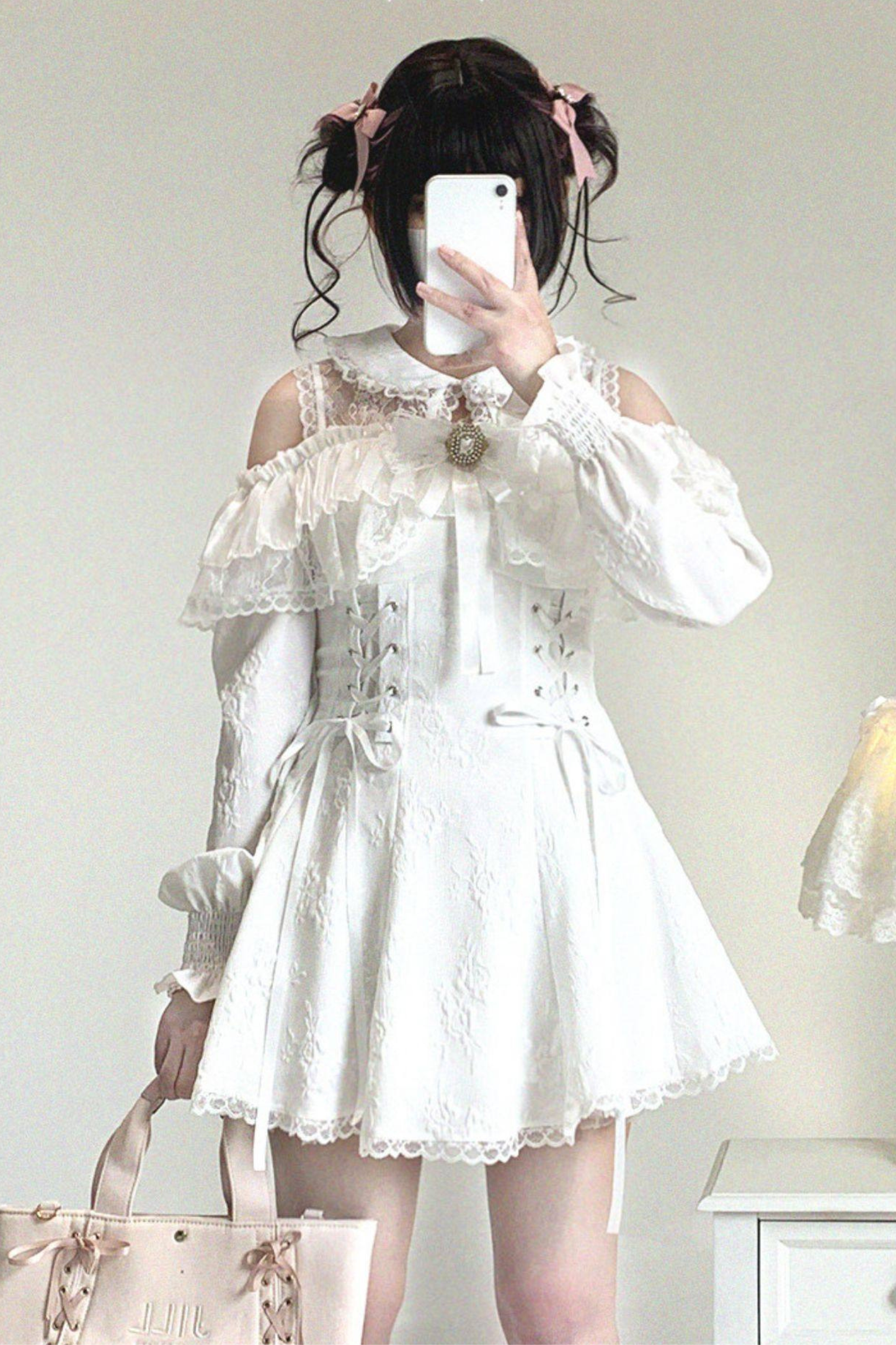 Off Shoulder Lace Up Lace Dress