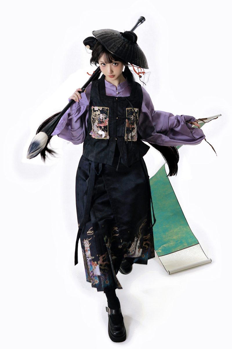 Dark Chinese-style Shirt + Vest + Skirt