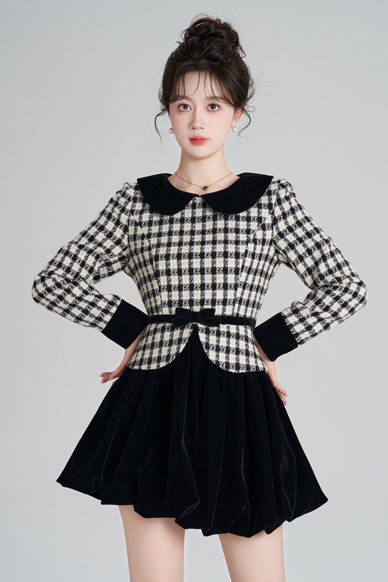 Velvet Monochrome Plaid Dress