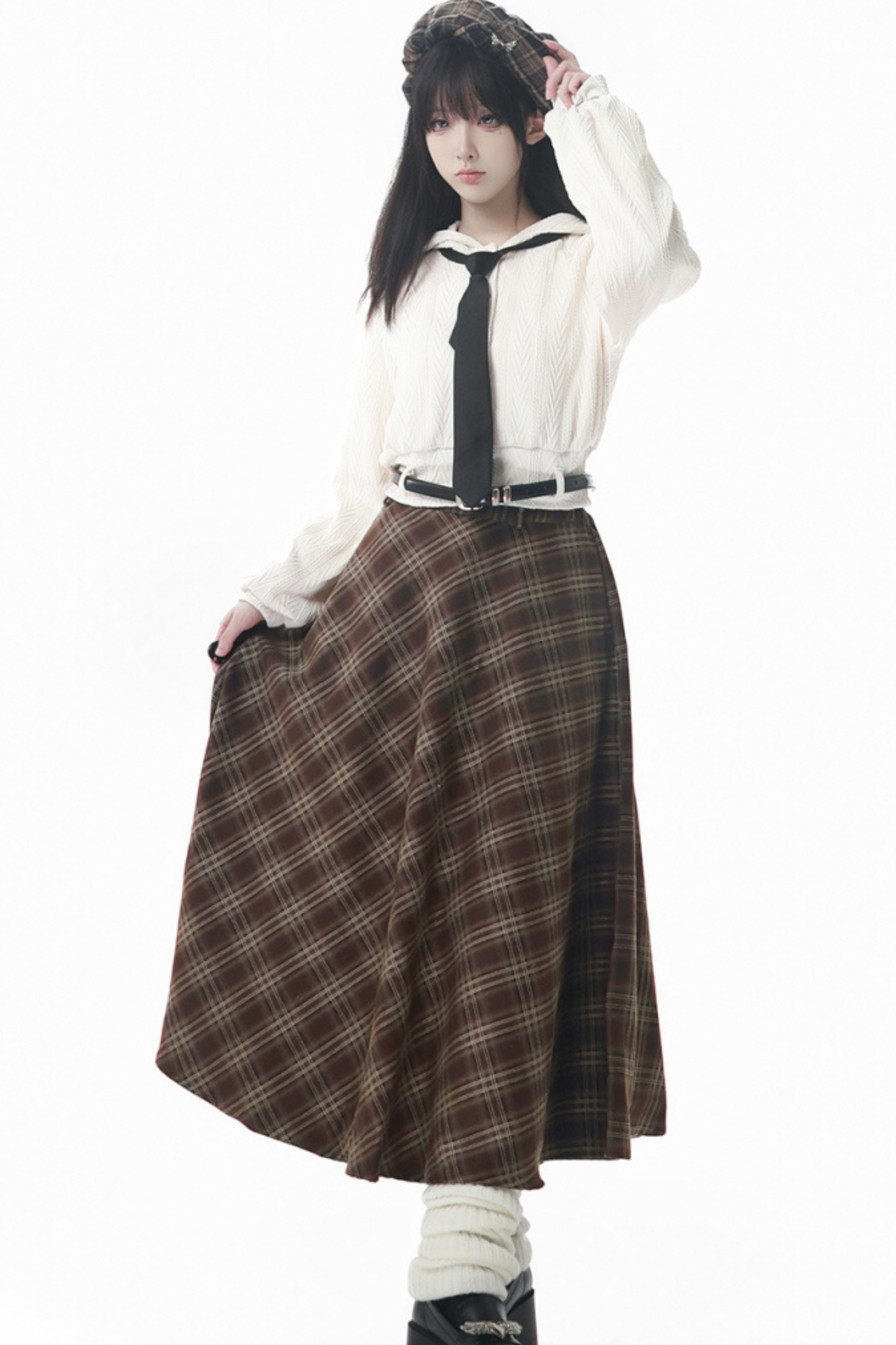 Maple Trench Coat + Hooded Top + Checkered Skirt + Shirt Dress