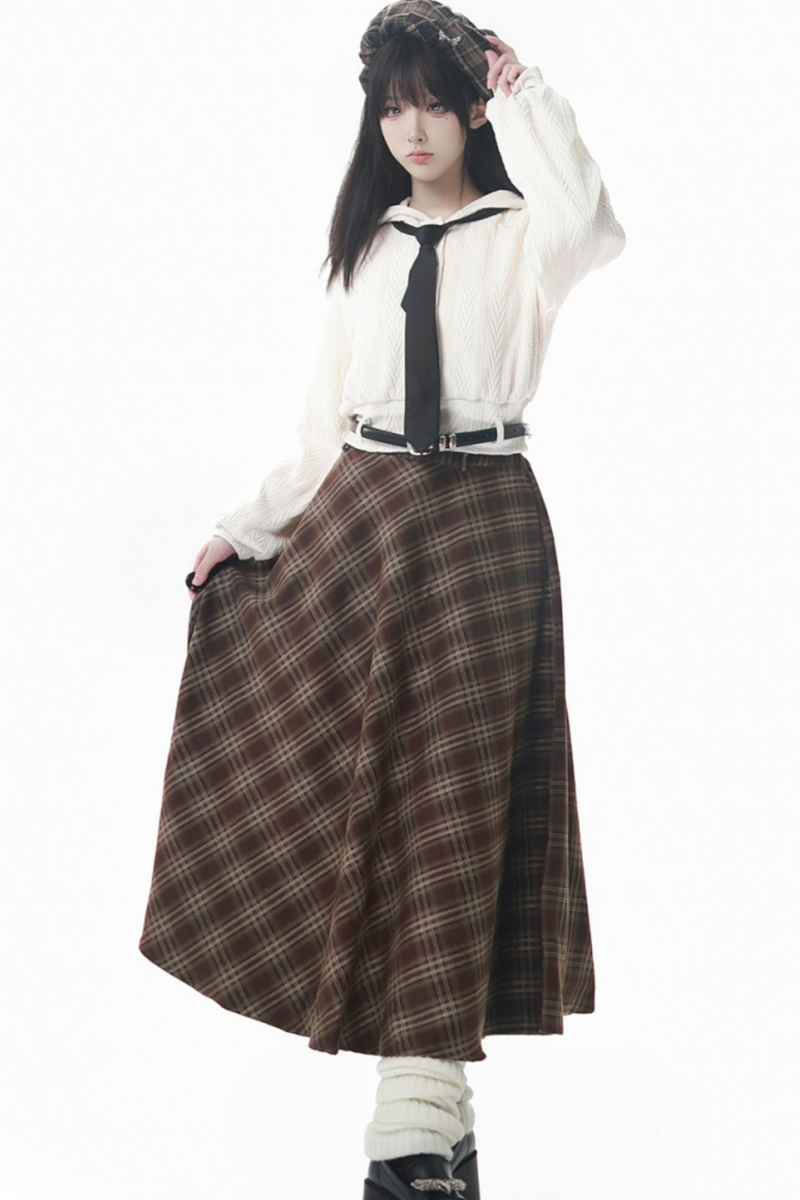 Maple Trench Coat + Hooded Top + Checkered Skirt + Shirt Dress