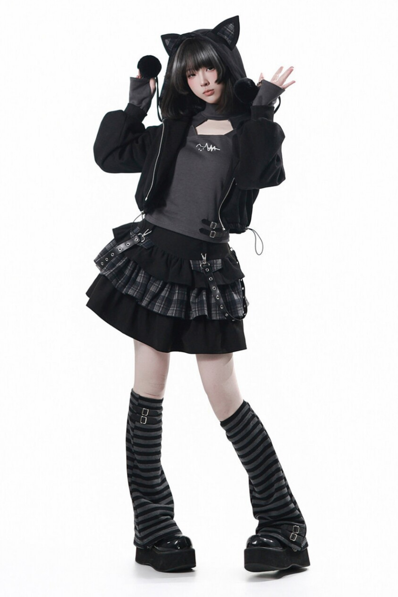 Cat Ear Jacket + Tiered Skirt + Top + Striped Leg Warmers