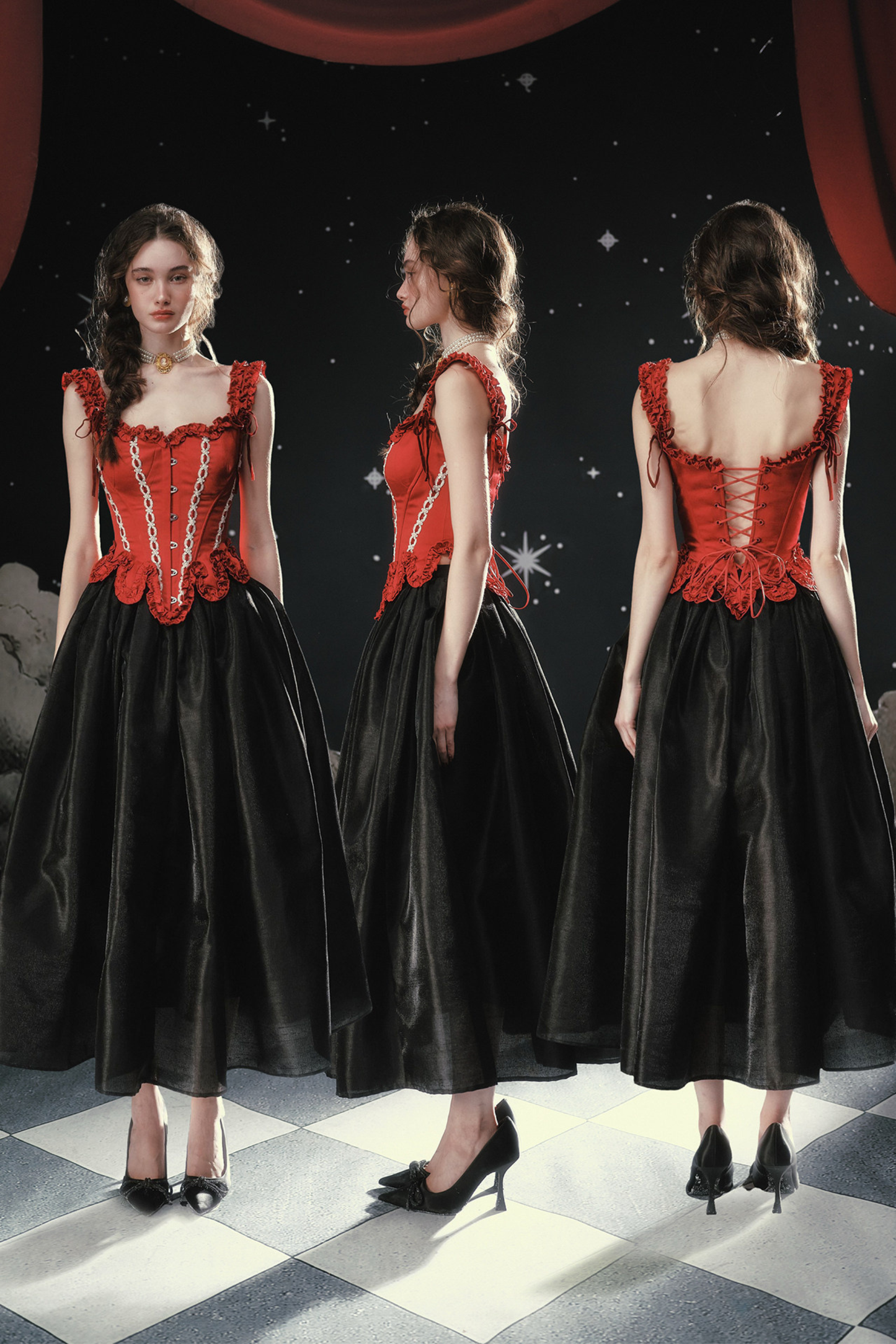 Lace Maid Retro Red Corset Top + Flare Skirt