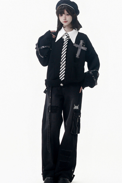 Cross Trim Cardigan + Shirt + Tie + Pants