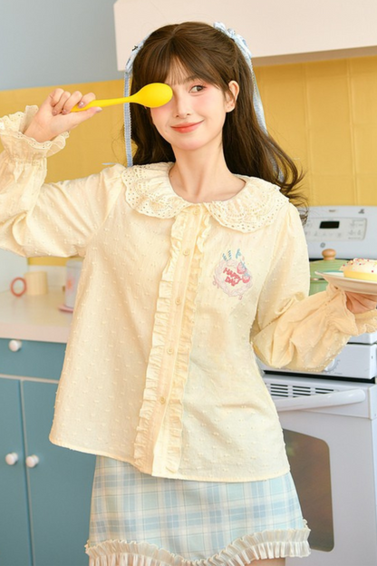 [pre-order] Strawberry Shortcake + Plaid High Waist Skirt + Custard Cardigan