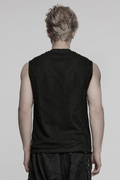 Black Round Collar Sleeveless Stitching Mesh Ripped Punk Vest