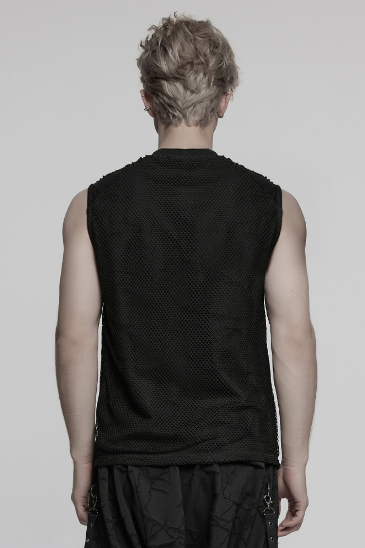 Black Round Collar Sleeveless Stitching Mesh Ripped Punk Vest