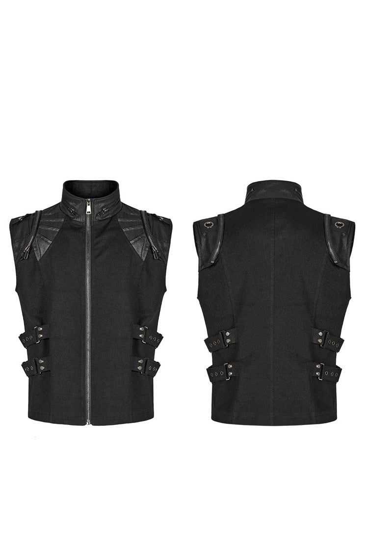Black Stand Collar Side Waist Webbing Decorative Stitching Steampunk Vest