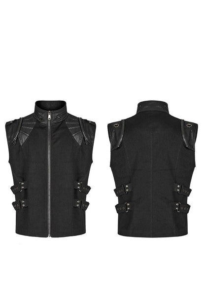 Black Stand Collar Side Waist Webbing Decorative Stitching Steampunk Vest