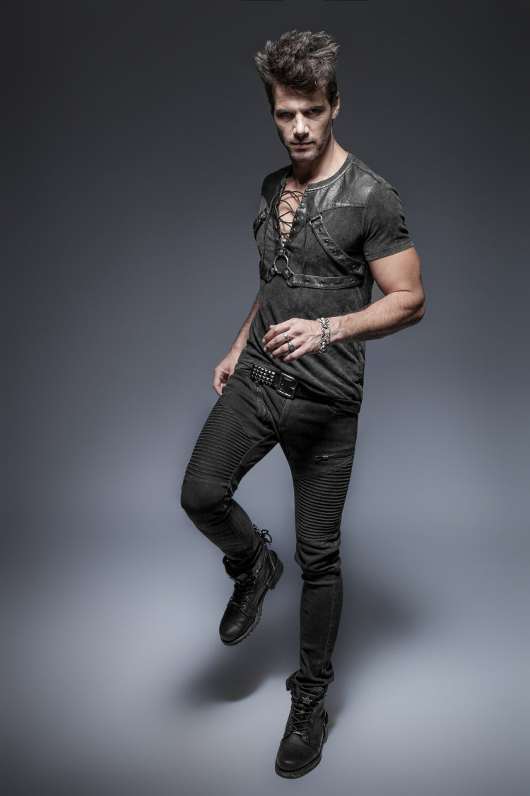 Black Lace-up Zipper Punk Blouse With Straps