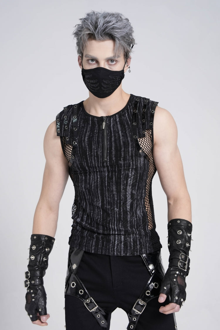 Black Sleeveless Ribbed Print Stitching Mesh Zipper Gothic Vest