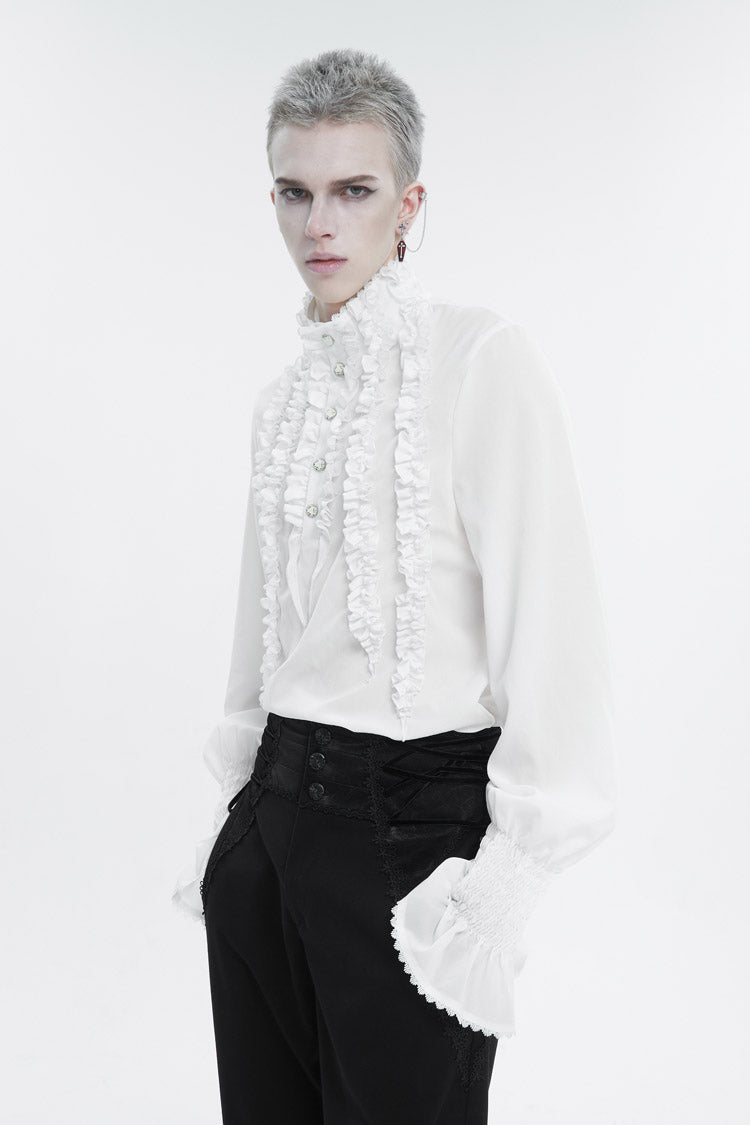 White Irregular Stand Collar Puff Sleeved Ruffled Gothic Shirt