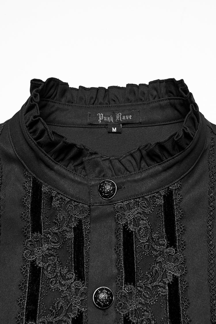Black Stand Collar Long Sleeves Ruffle Embroidery Pleated Gothic Blouse