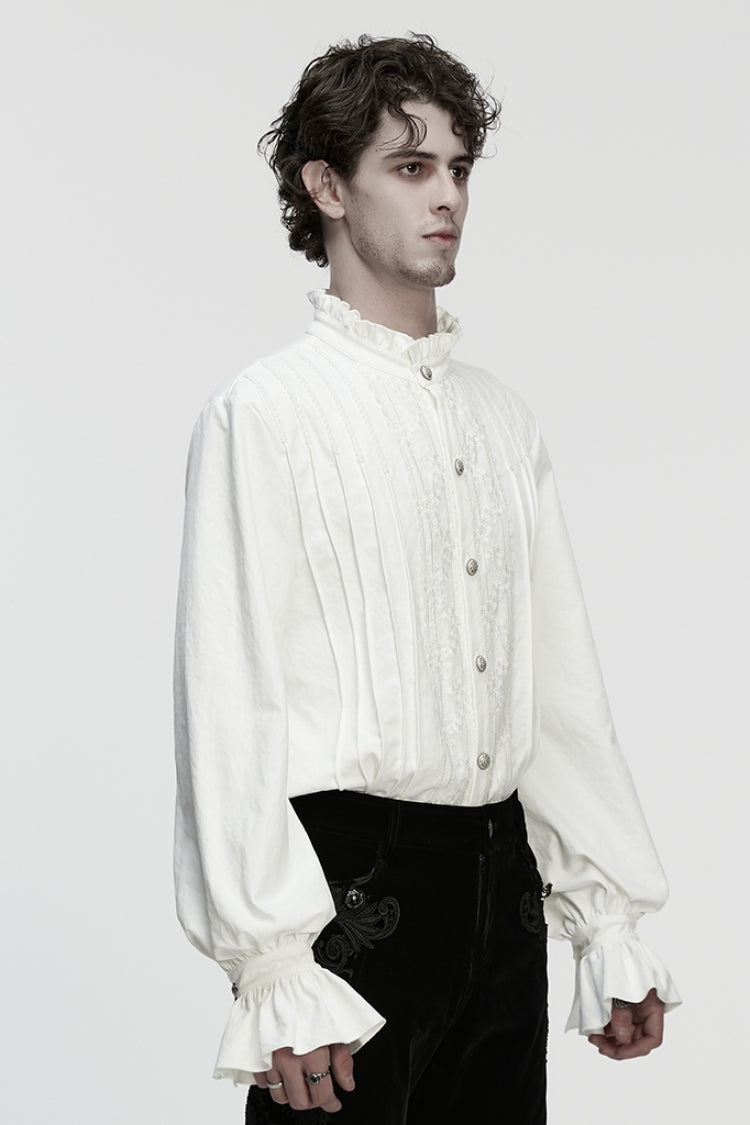 White Stand Collar Long Sleeves Ruffle Embroidery Pleated Gothic Blouse