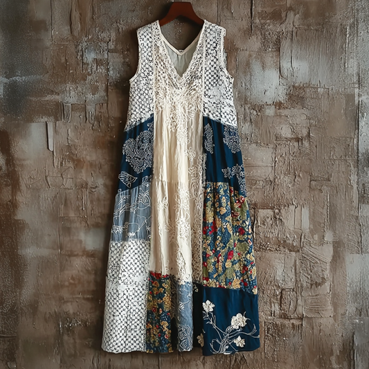 Japanese Art Retro Style Geometric Patchwork Design Lace Patch Women's Cotton And Linen Dress elevenforest