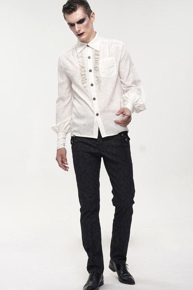 White Gothic Metal Pattern Buckle Long Sleeve Pleated Lace Lantern Shape Printing Pattern Shirt