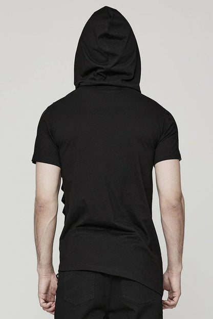 Black Short Sleeves Stitching Hooded Mesh Ripped Steampunk T-shirt