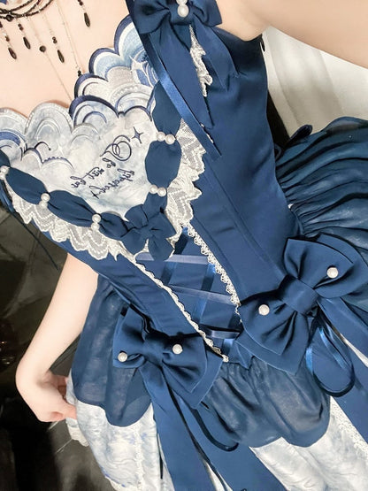 [pre-order Deadline: May 6] Dark Blue Moonlight Sea Lace Ribbon Layered Dress + Accessories