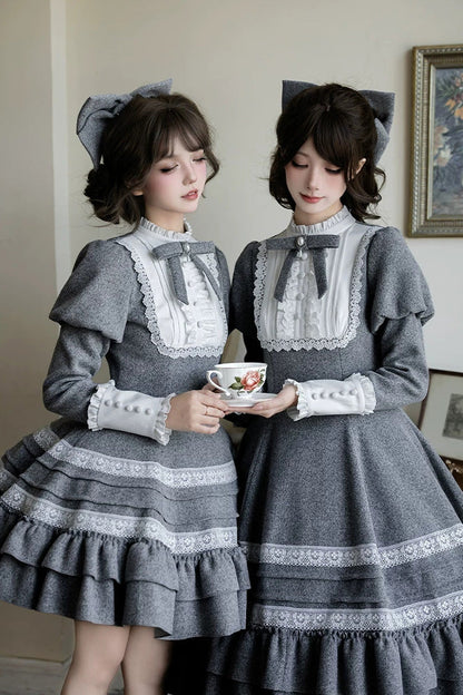 Grey [letters and Poems · Old Memories] Stand Collar Long Sleeves Double-layered Ruffled Bow Classic Lolita Dress 2 Versions