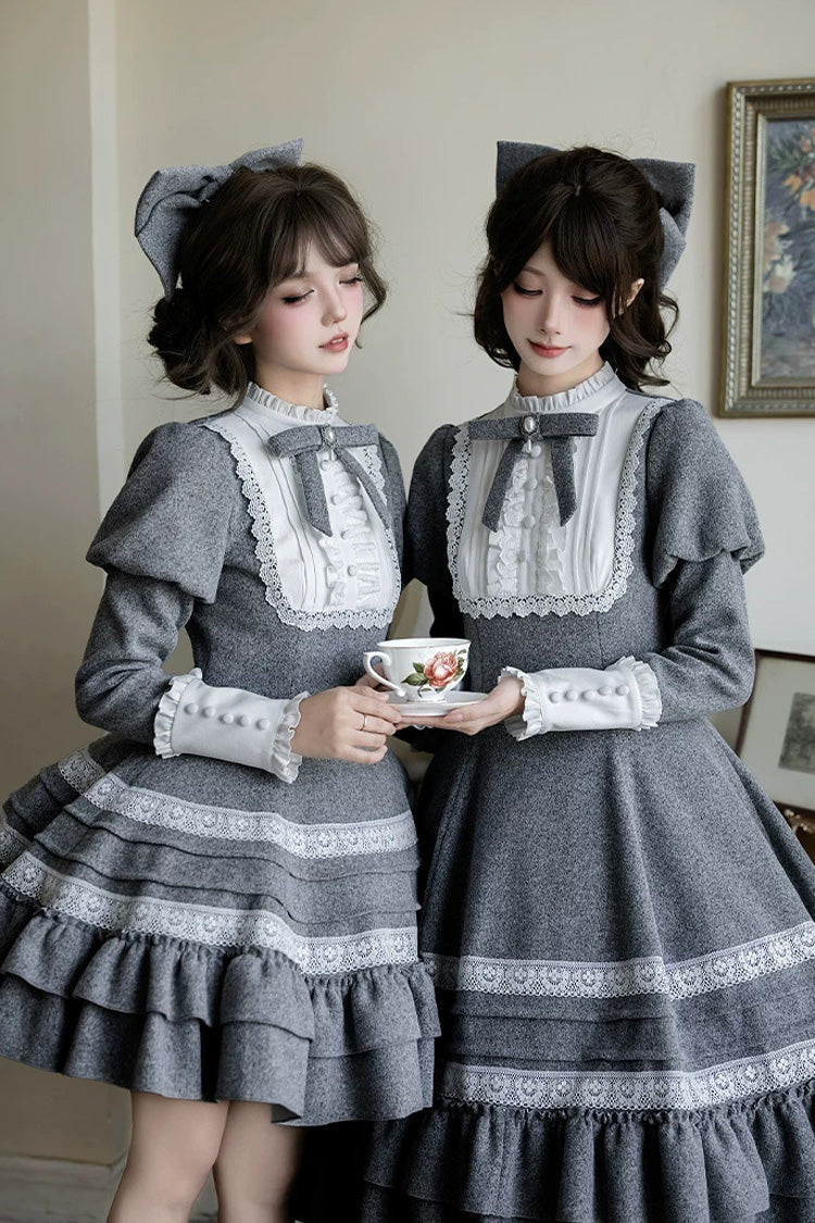 Grey [letters and Poems · Old Memories] Stand Collar Long Sleeves Double-layered Ruffled Bow Classic Lolita Dress 2 Versions