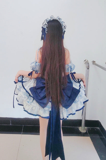 Blue/white Sleeveless Multi-layered Print Bowknot Fishbone Sweet Classic Chinese Style Lolita Jsk Short Dress