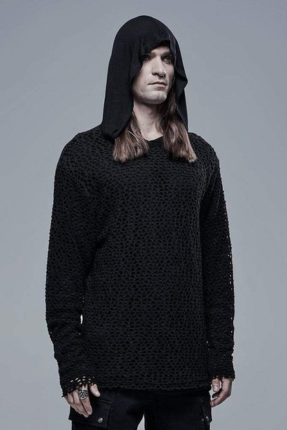 Black Knit Outer Mesh Long Sleeve Inner Hooded Simple Two Piece Punk T-shirt